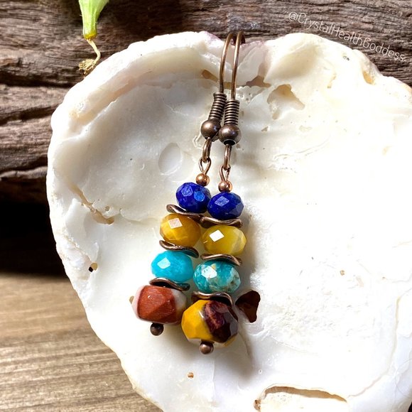 Mookaite Amazonite Lapis Lazuli Tiger Eye Copper Earrings - Picture 4 of 6